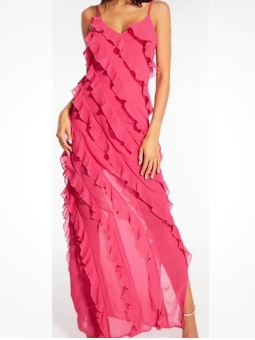 NWT Missguided Hot Pink Ruffle Maxi Dress Sheer Overlay UK 4 / US 0